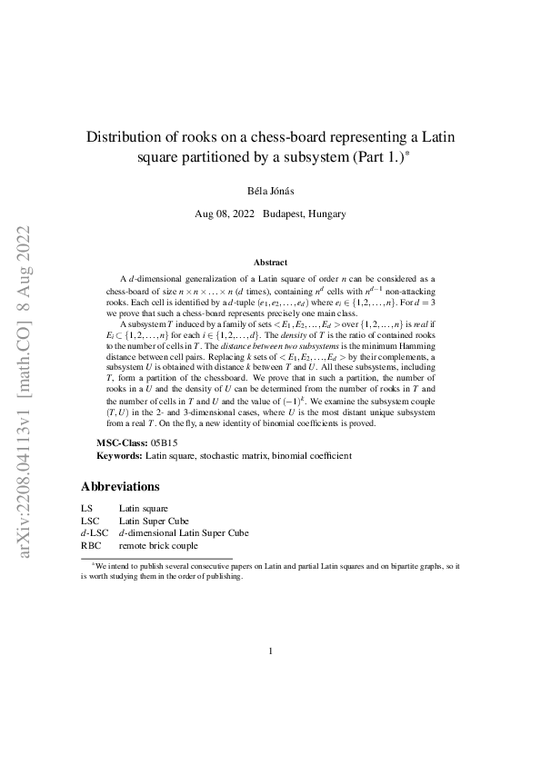 (PDF) Distribution of rooks on a chess-board representing a Latin ...