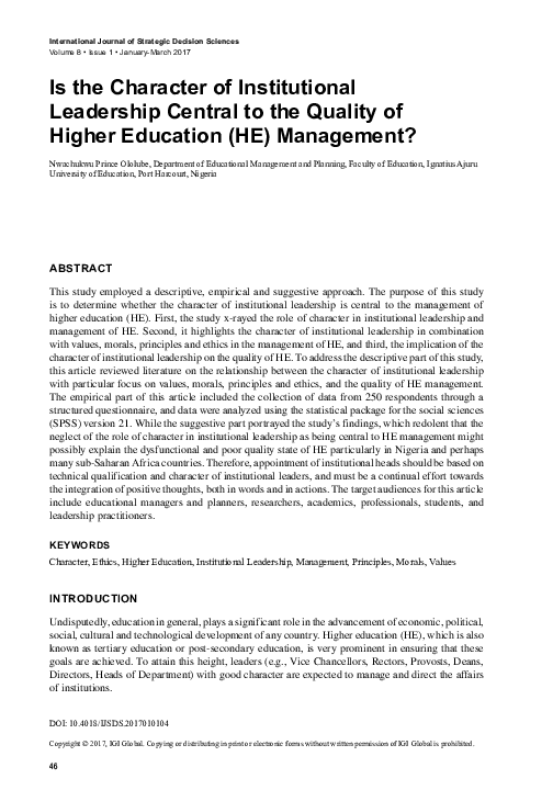 (PDF) Is the Character of Institutional Leadership Central to the ...