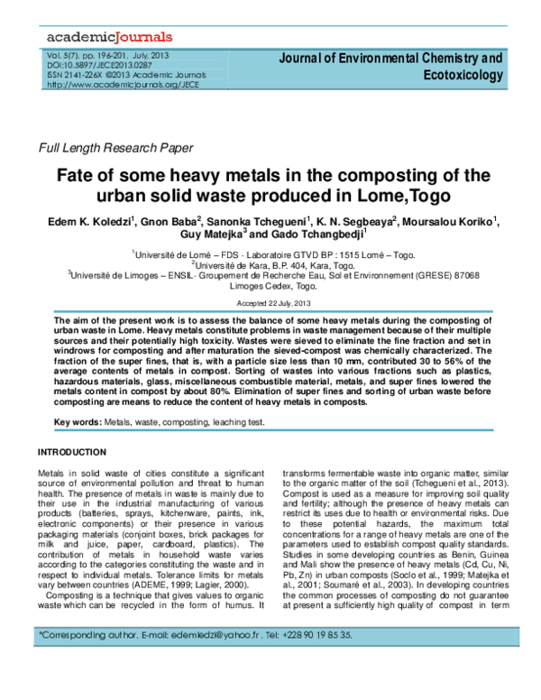 (PDF) Fate of some heavy metals in the composting of the urban solid ...
