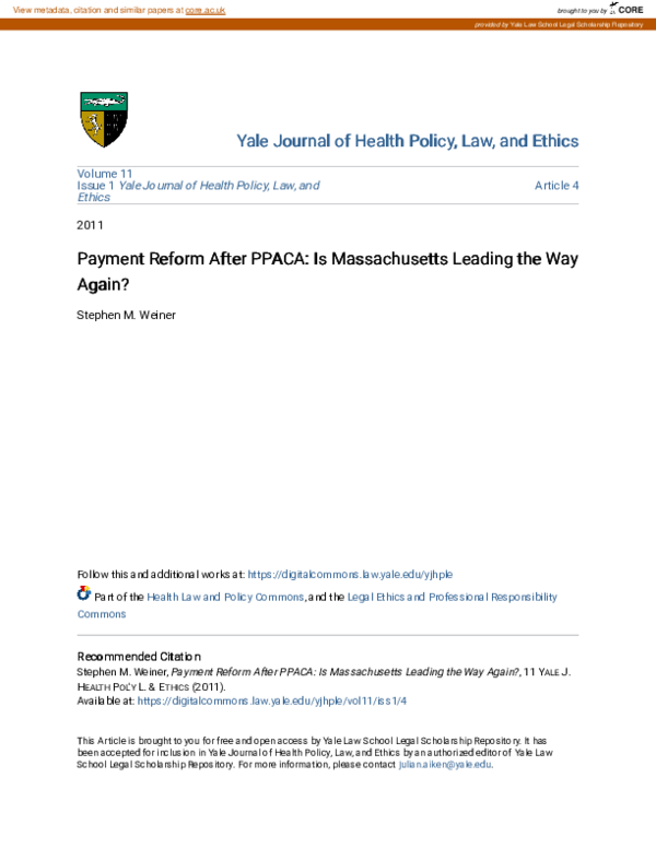 (PDF) Payment reform after PPACA: is Massachusetts leading the way again?