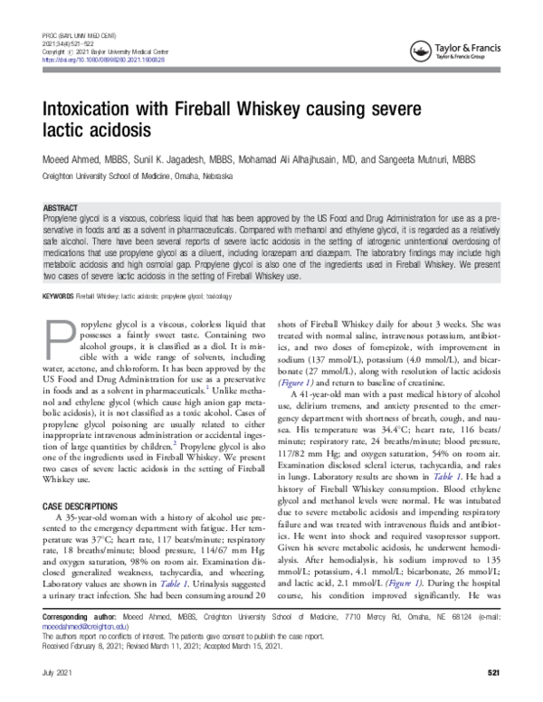 (PDF) Intoxication with Fireball Whiskey causing severe lactic acidosis