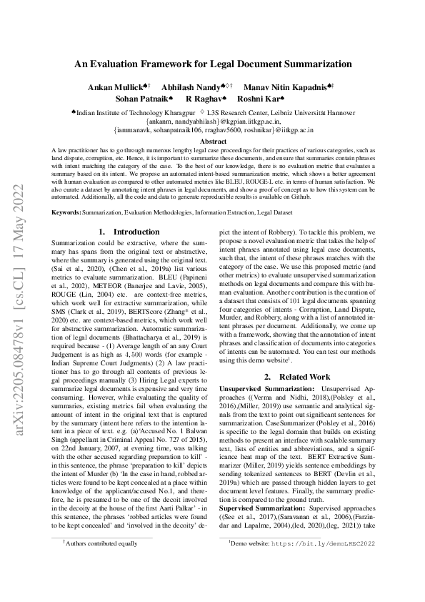 (PDF) An Evaluation Framework for Legal Document Summarization