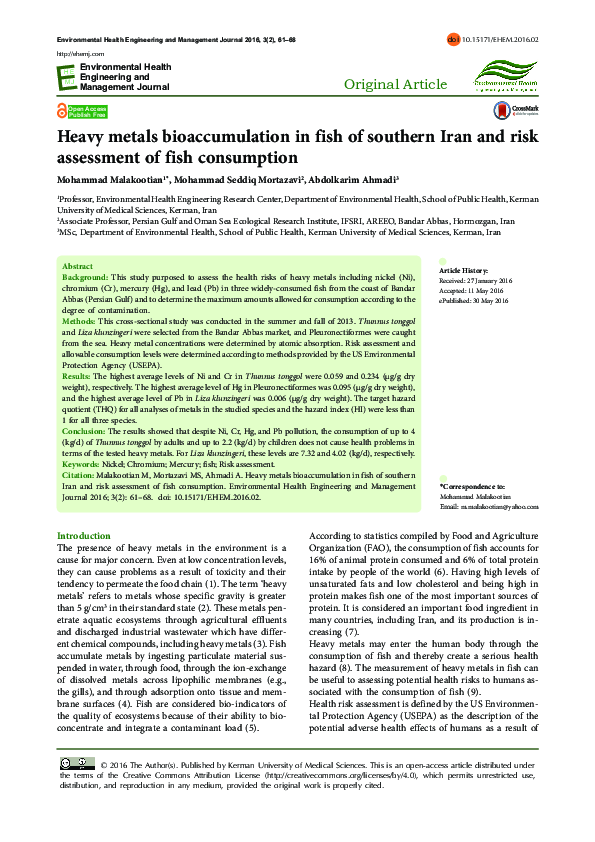 (PDF) Heavy metals bioaccumulation in fish of southern Iran and risk ...