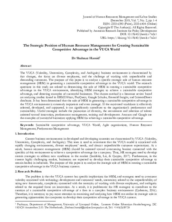 (PDF) The Strategic Position of Human Resource Management for Creating ...
