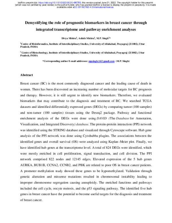 (PDF) Demystifying the role of prognostic biomarkers in breast cancer ...