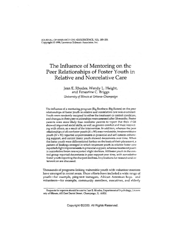 (PDF) The Influence of Mentoring on the Peer Relationships of Foster ...