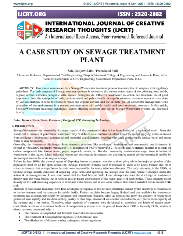 (PDF) A Case Study on Sewage Treatment Plant