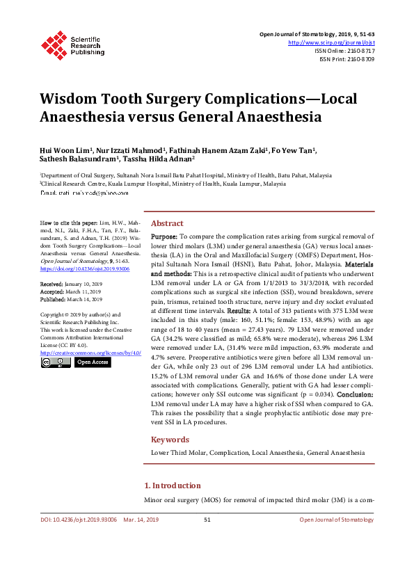 (PDF) Wisdom Tooth Surgery Complications—Local Anaesthesia versus