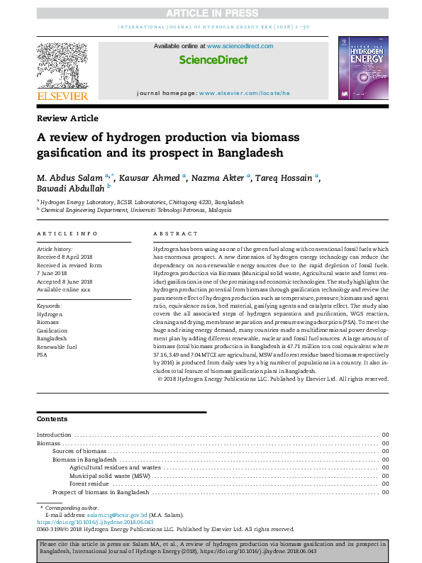 (PDF) A review of hydrogen production via biomass gasification and its ...