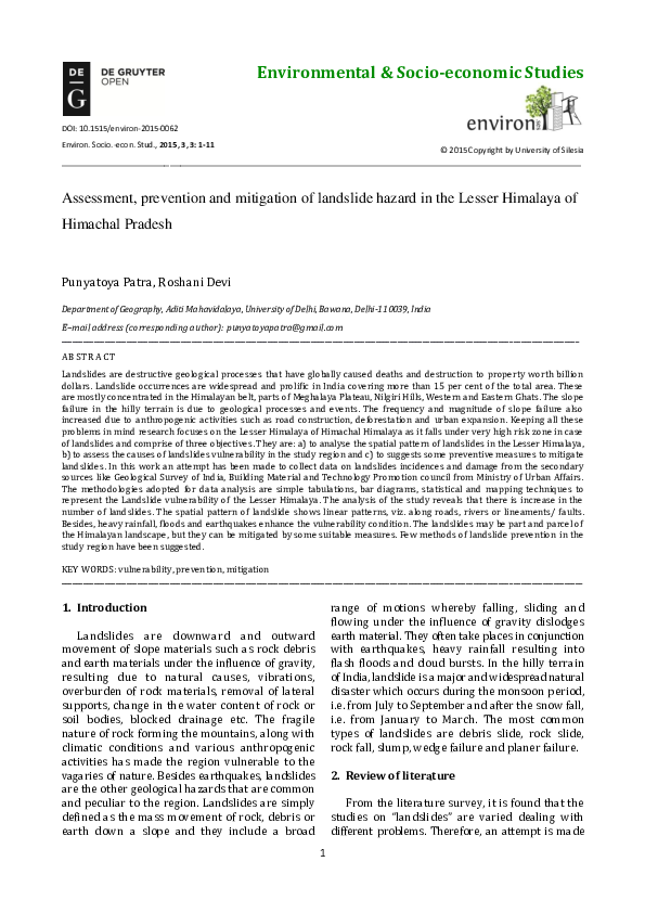 (PDF) Assessment, prevention and mitigation of landslide hazard in the ...