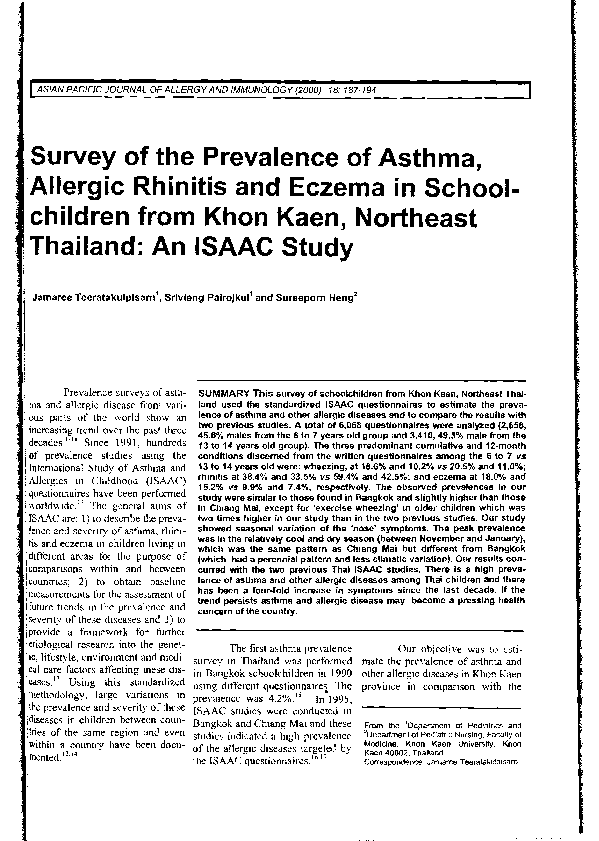 (PDF) Survey of the Prevalence of Asthma,'Allergic Rhinitis and Eczema ...