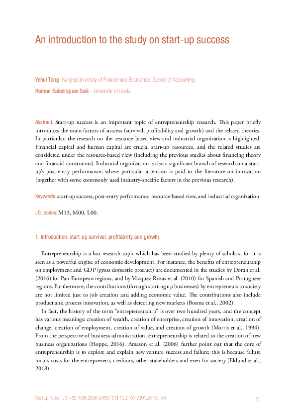 (PDF) An introduction to the study on start-up success