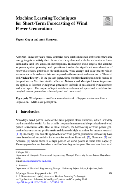 (PDF) Machine Learning Techniques for Short-Term Forecasting of Wind ...