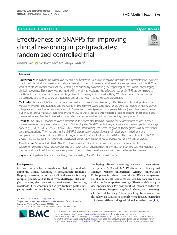 (PDF) Use of SNAPPS model for pediatric outpatient education Anju