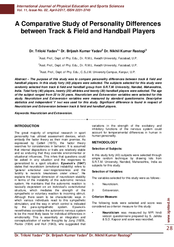 (PDF) A Comparative Study of Personality Differences Between Track ...