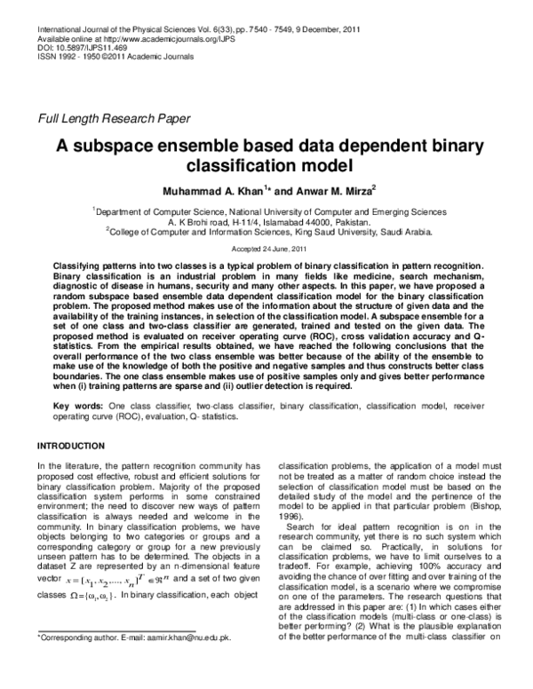 (PDF) A subspace ensemble based data dependent binary classification model