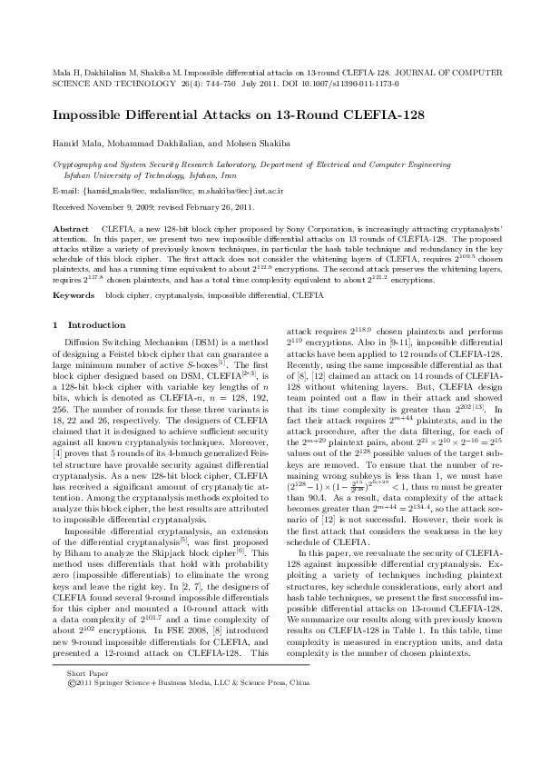 (PDF) Impossible Differential Attacks on 13-Round CLEFIA-128