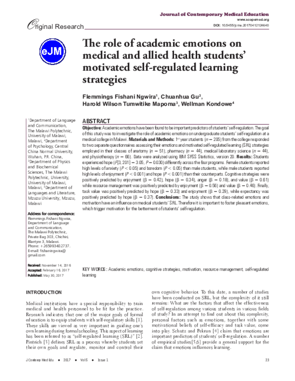 (PDF) The role of academic emotions on medical and allied health ...
