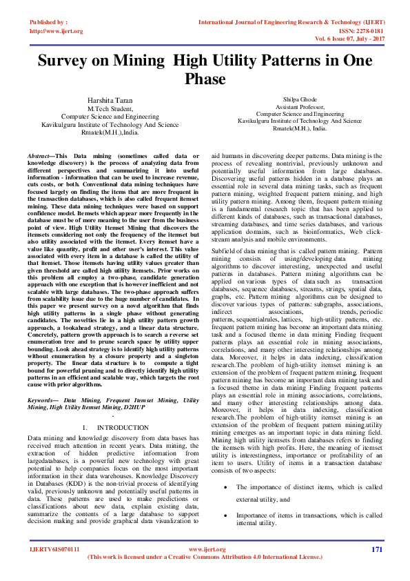(PDF) Survey on Mining High Utility Patterns in One Phase