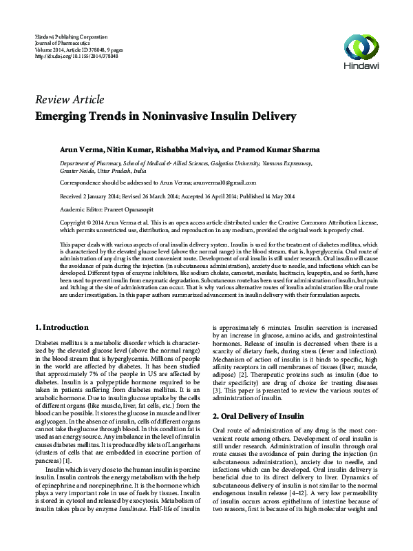(PDF) Emerging Trends in Noninvasive Insulin Delivery