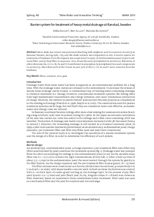 (PDF) Barrier system for treatment of heavy metal drainage at Ranstad ...