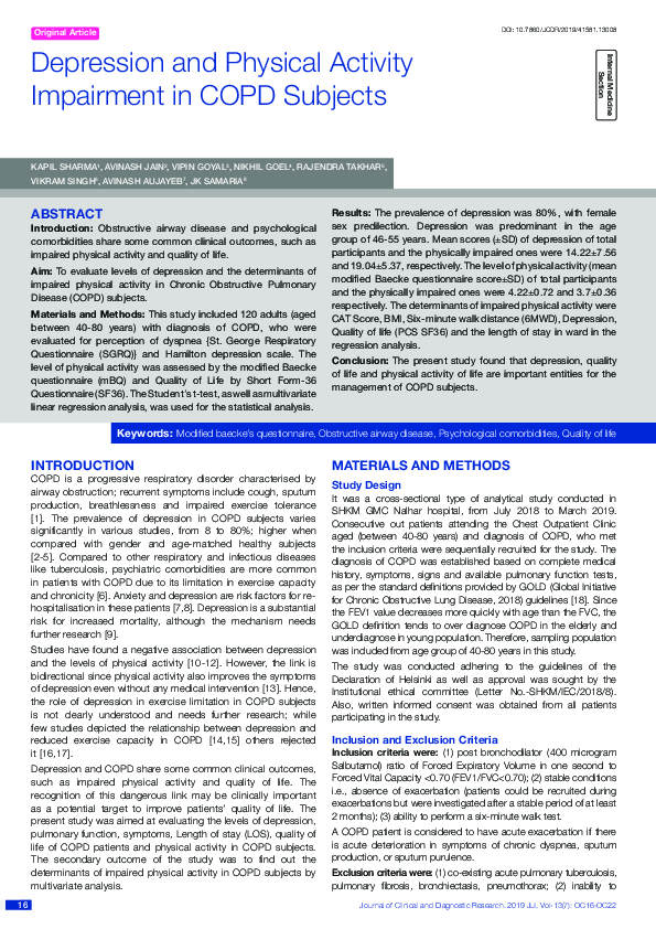 (PDF) Depression and Physical Activity Impairment in COPD Subjects