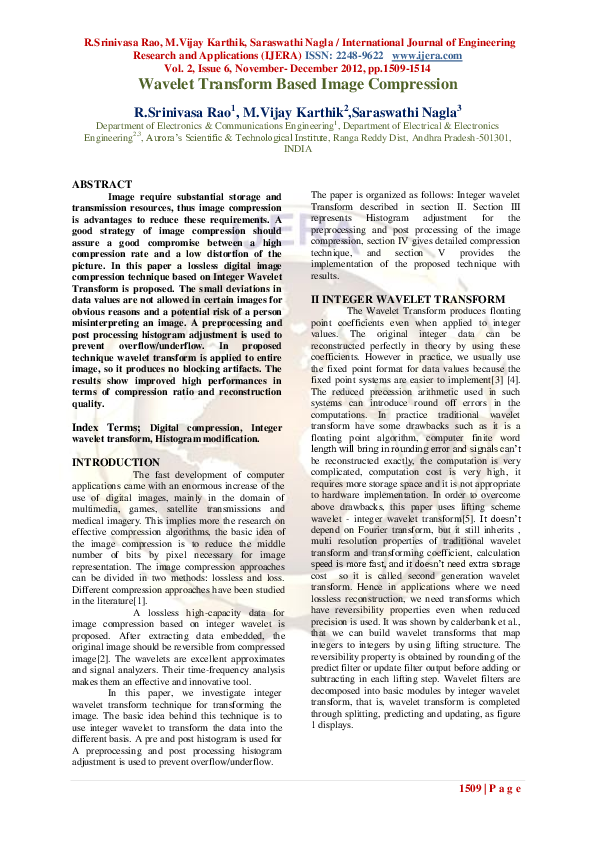 (PDF) Wavelet Transform Based Image Compression