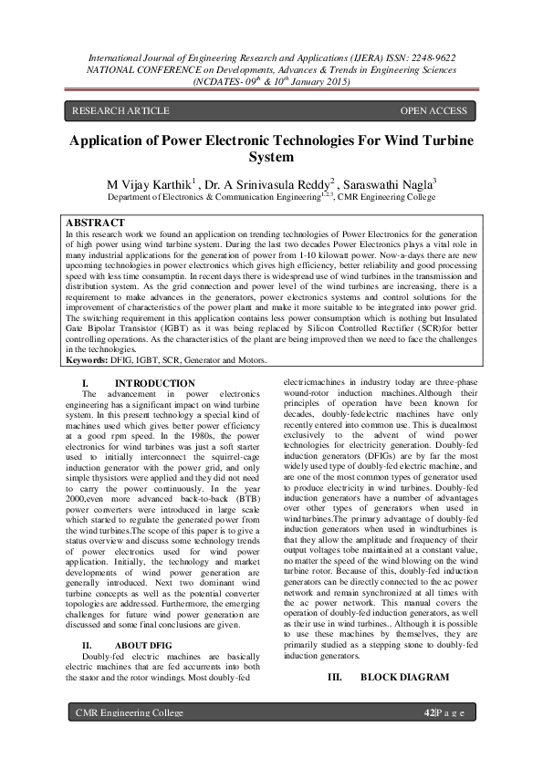 (PDF) Application of Power Electronic Technologies For Wind Turbine System