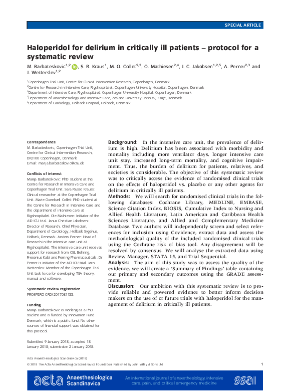 (PDF) Haloperidol for delirium in critically ill patients - protocol ...