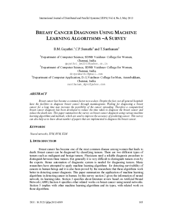 (PDF) Breast Cancer Diagnosis Using Machine Learning Algorithms - A Survey
