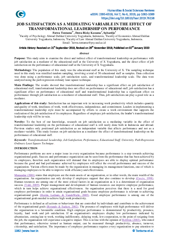 (PDF) Job Satisfaction as a Mediating Variable in the Effect of ...