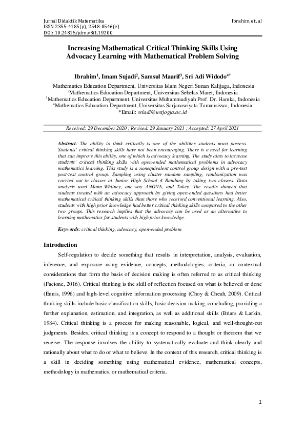 (PDF) Increasing Mathematical Critical Thinking Skills Using Advocacy ...