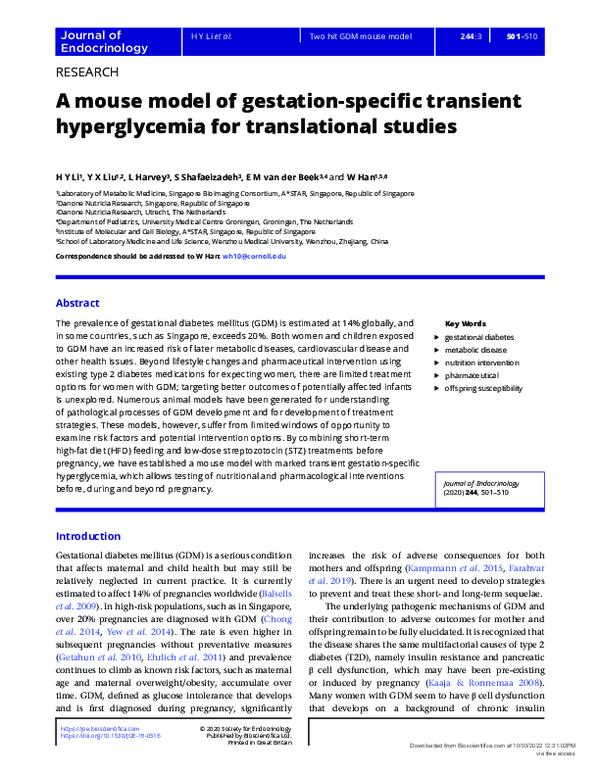 (PDF) A mouse model of gestation-specific transient hyperglycemia for ...