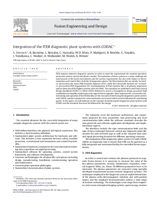 (PDF) Integration of the ITER diagnostic plant systems with CODAC