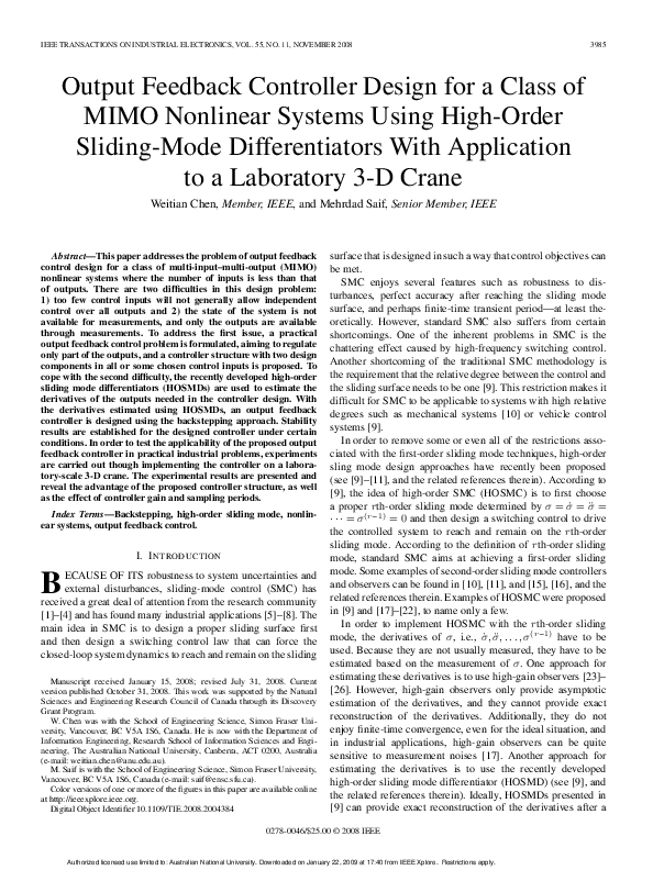 Pdf Output Feedback Controller Design For A Class Of Mimo Nonlinear