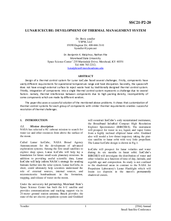 (PDF) Lunar IceCube Development of Thermal Management System Boris