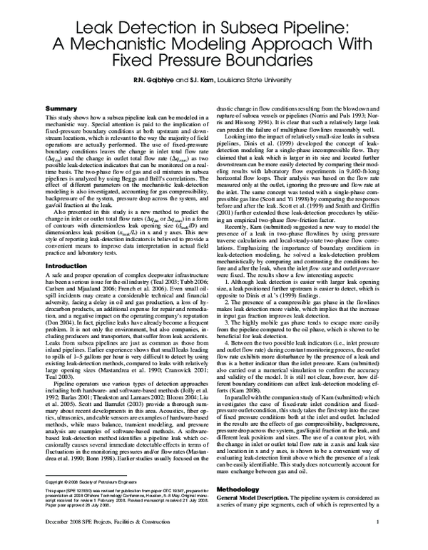(PDF) Leak Detection in Subsea Pipeline: A Mechanistic Modeling ...