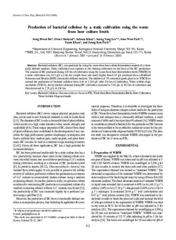 (PDF) Production of bacterial cellulose by a static cultivation using ...