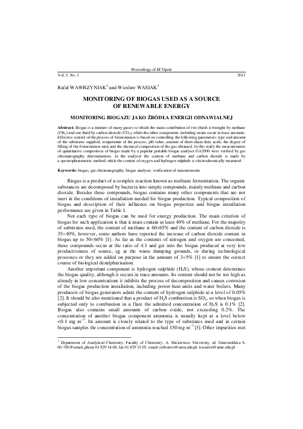 (PDF) Monitoring of biogas used as a source of renewable energy