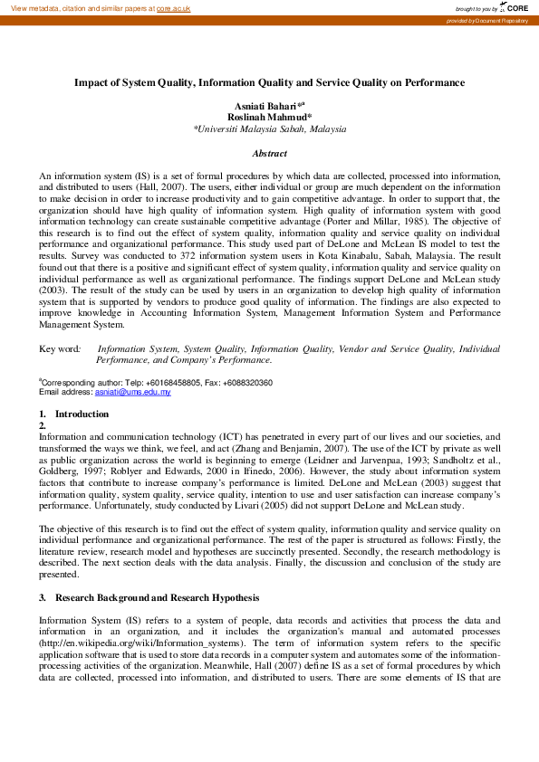 (PDF) Impact of System Quality, Information Quality and Service Quality ...