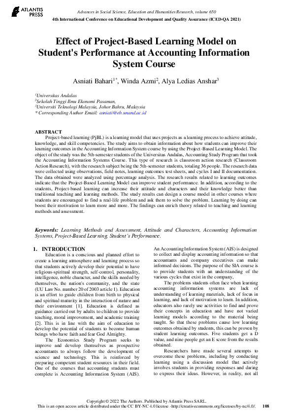(PDF) Effect of Project-Based Learning Model on Student’s Performance ...