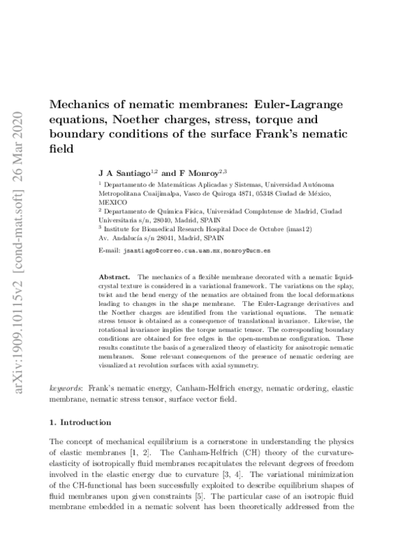 (PDF) Mechanics of nematic membranes EulerLagrange equations, Noether