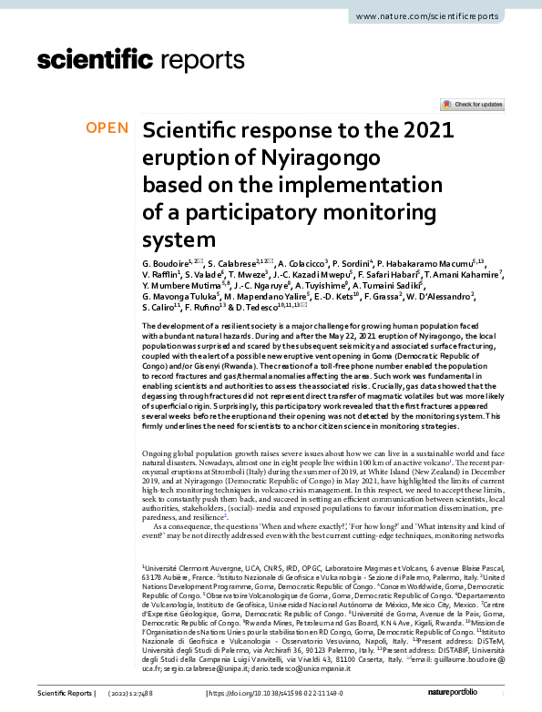 (PDF) Scientific response to the 2021 eruption of Nyiragongo based on ...