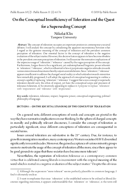 (PDF) On the Conceptual Insufficiency of Toleration and the Quest for a ...