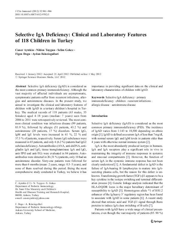 (PDF) Selective IgA Deficiency: Clinical and Laboratory Features of 118 ...