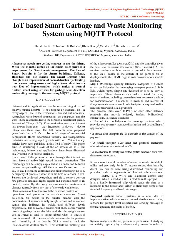 (PDF) IoT based Smart Garbage and Waste Monitoring System using MQTT ...