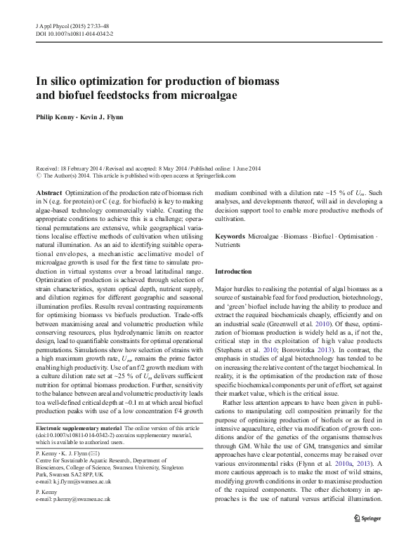 (PDF) In silico optimization for production of biomass and biofuel ...