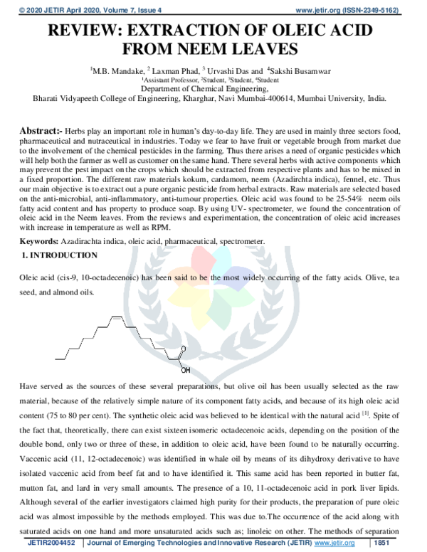(PDF) Extraction of Oleic Acid from Neem Leaves