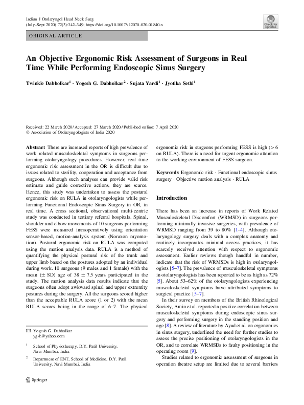 (PDF) An Objective Ergonomic Risk Assessment of Surgeons in Real Time ...