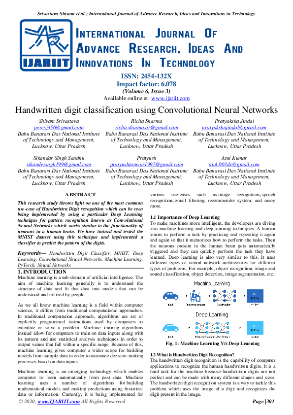 (PDF) Handwritten digit classification using Convolutional Neural Networks